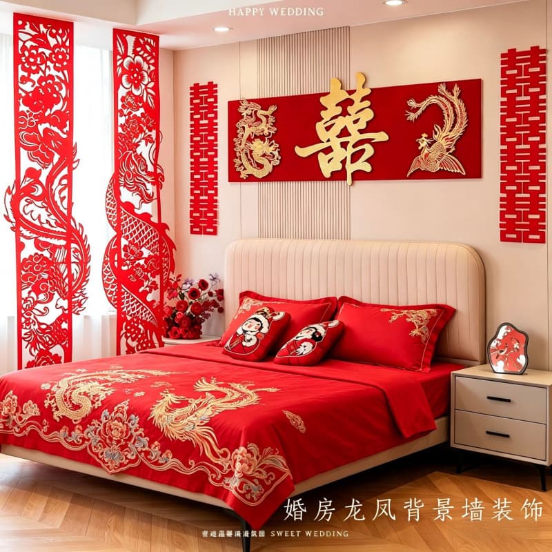 New Wedding Morning Robe Photo Dragon and Phoenix Background Wall Decoration Wedding Room Bedroom Layout Kt Board Set