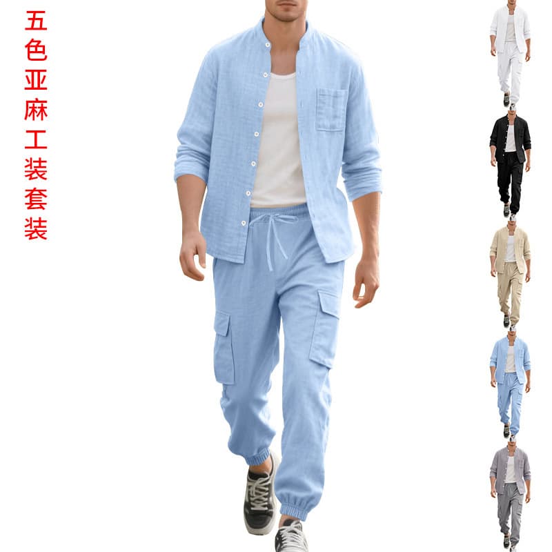 Amazon cross-border men's summer linen button-down shirt long-sleeved trousers cardigan casual loose beach suit for men