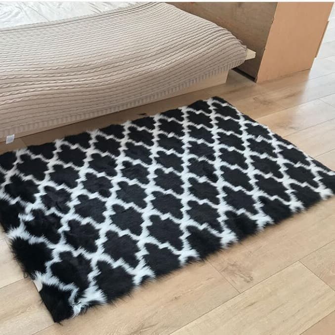 Cross-Border Ready-Made Faux Fur Carpet, Imitation Wool Floor Mat, Home Living Room Checkered Rabbit Fur Carpet, Bedroom Bedside Rug