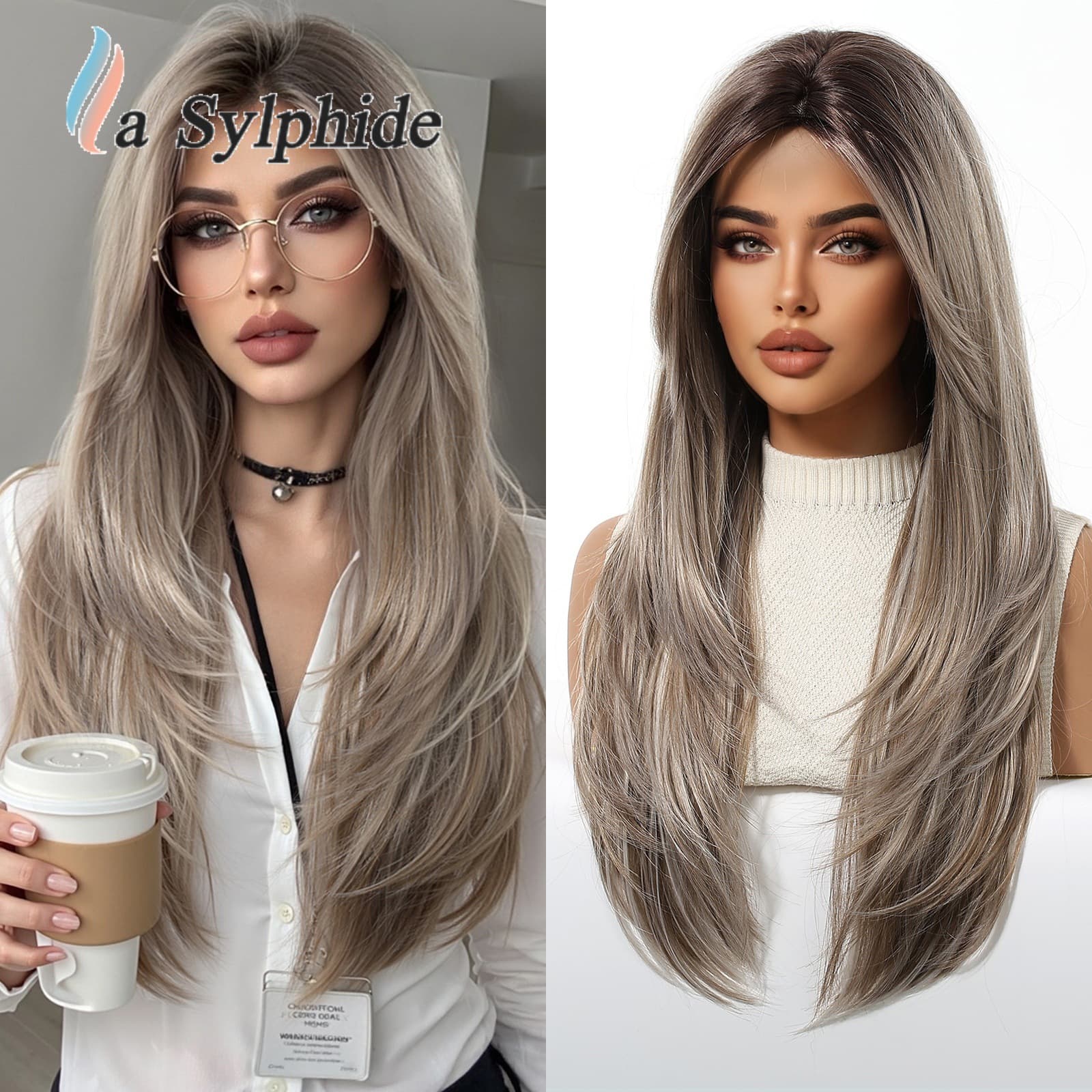 Women's Middle Part Long Straight Hair Wig Multi-Layered Smooth Natural Looking High-Temperature Silk Fiber Easy to Style