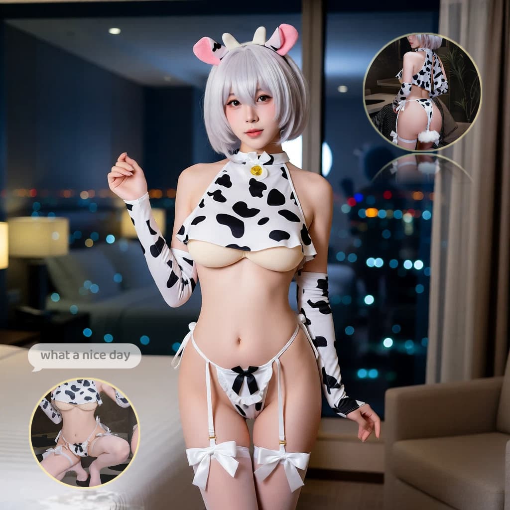 Sexy little cow split suit, pure desire uniform, tempting black and white three-point bikini, sexy two-dimensional suit