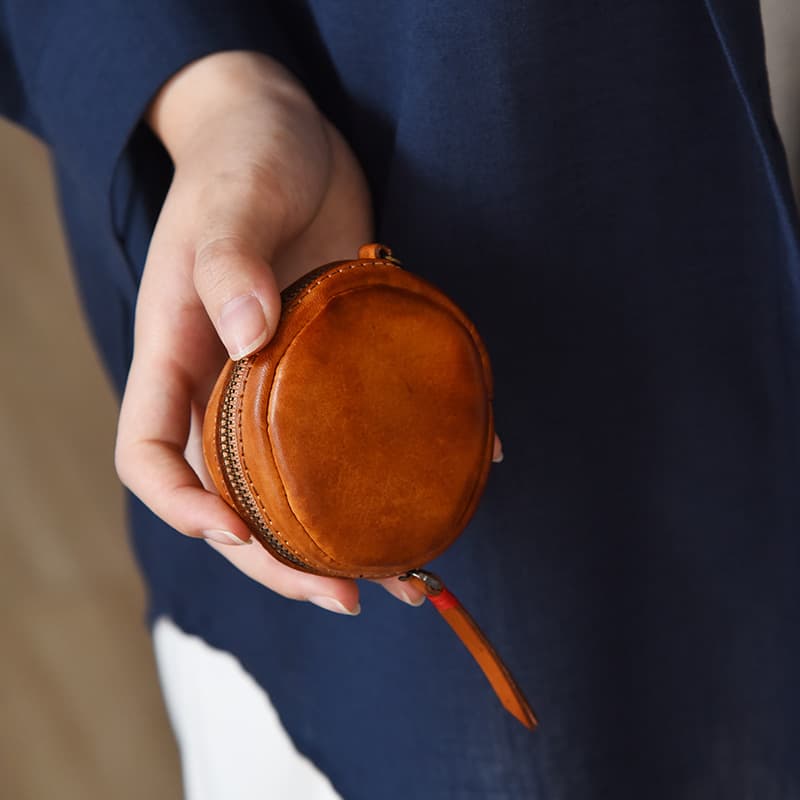 Cross-border popular vegetable tanned leather coin key bag hand-rubbed European and American retro pleated wallet portable compact wall bag