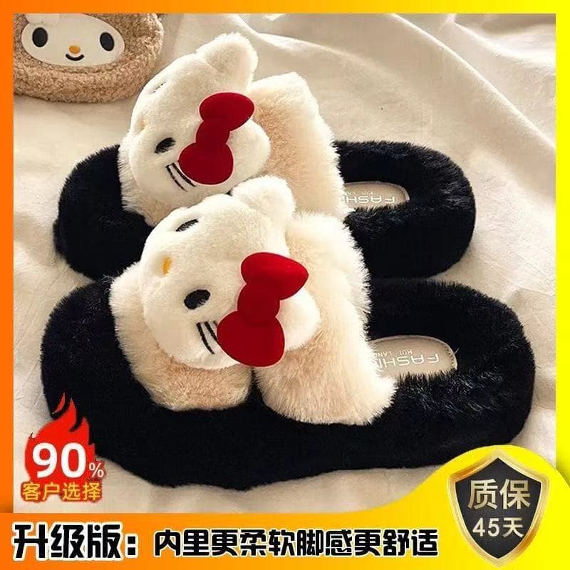 Fashionable Thick-Soled Height-Increasing Cat Fur Slippers for Women, New Chinese-Style Plush Cotton Slippers
