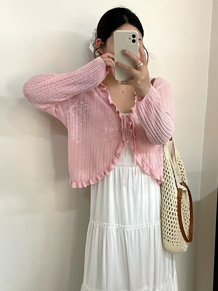 Plus Size Women's V-Neck Ruffle Trim Jacket Thin Top 2026 Summer Style Fat mm Versatile Knit Cardigan 23965