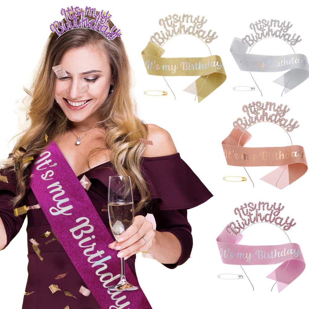 Birthday Rhinestone Headband Sash Etiquette Belt IT'S MY BIRTHDAY Girl Headwear Set Party Supplies