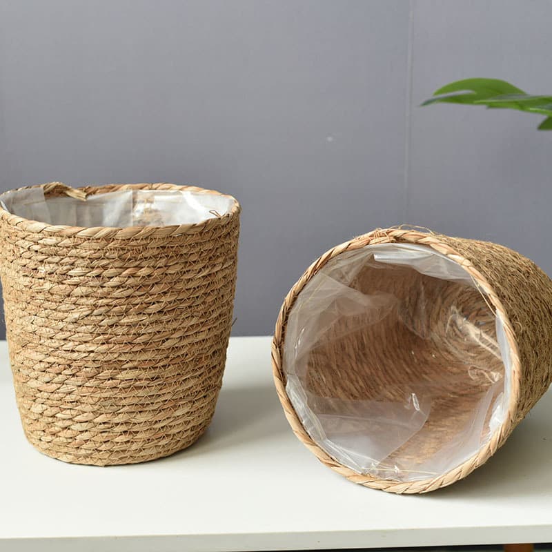 Woven Seagrass Plant Basket Flower Pot Cover, Rattan Bamboo Woven Basket for Living Room, Handmade Flower Basket Bamboo Planter
