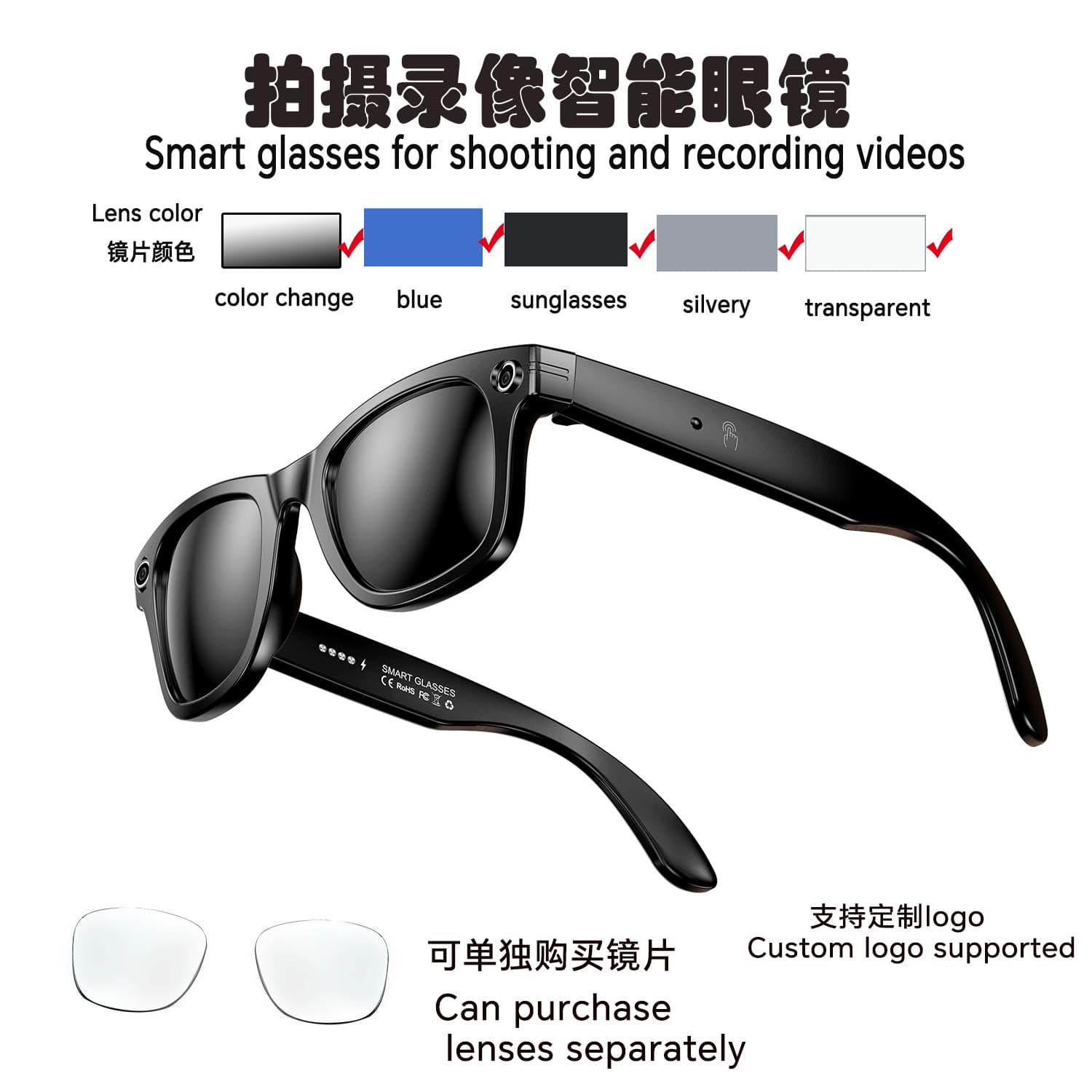AI Camera Smart Glasses with HD Photo, Anti-Shake Video, Call Function, and Universal Object Recognition and Translation