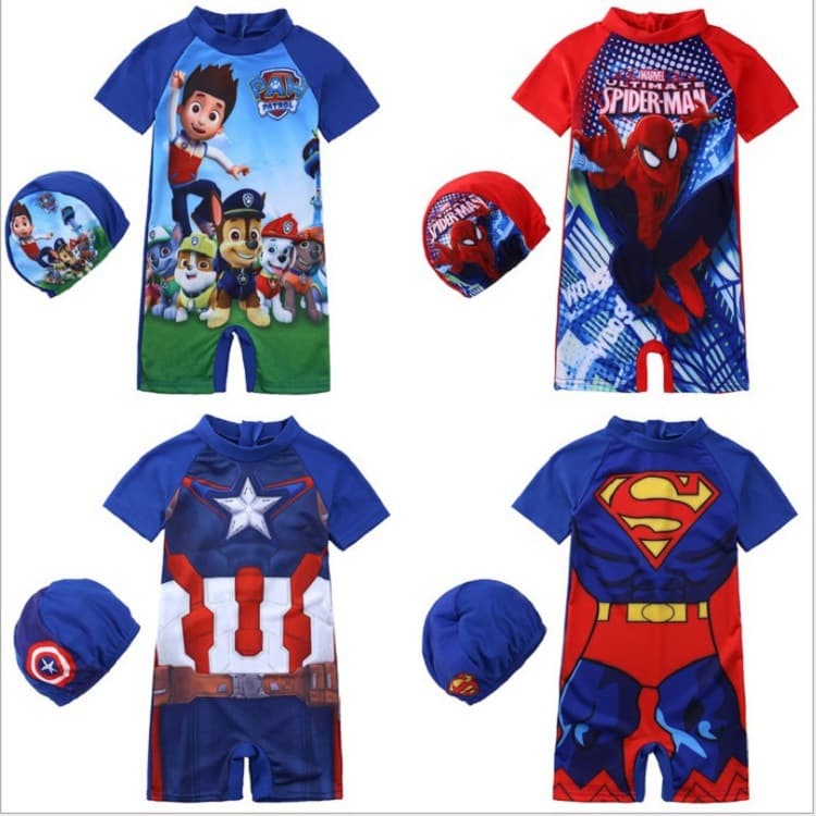 Cross-Border Kids Cartoon Romper for Boys and Girls, Flat Angle Swimwear with Hood, Sun Protection Surfing Suit, Diving Suit in Stock