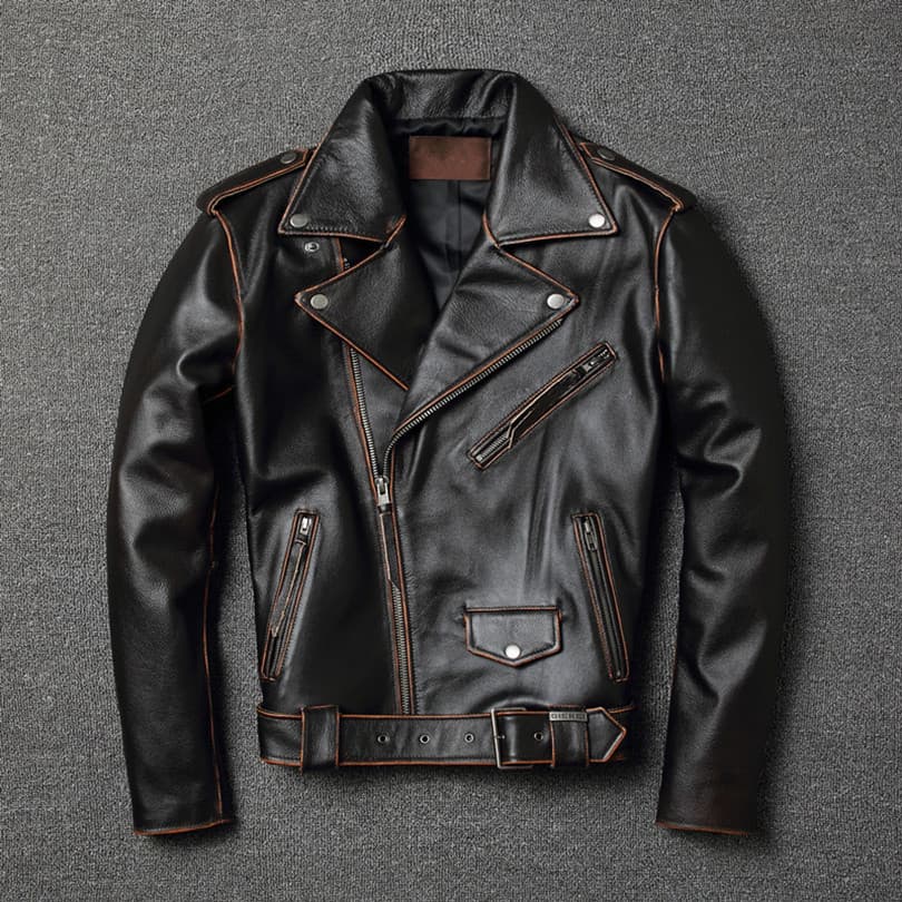 Harley Genuine Leather Jacket Men's Autumn Short Collar Retro Distressed Top Layer Cowhide Motorcycle Biker Jacket Coat Trendy