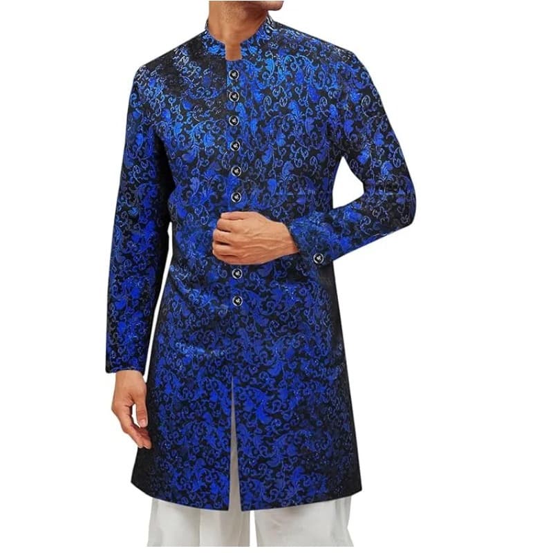 Medieval Men's Kurta Sherwani Coat Shiny Indian Wedding Robe Cheongsam Collar Ethnic Clothing