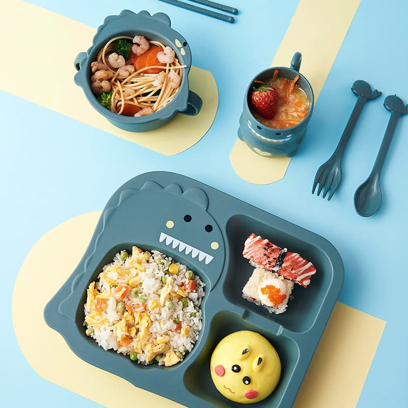 Cartoon Dinosaur Plate, Creative Children's Tableware Set, Baby Food Bowl, Wheat Fiber Plate, Divided Plate