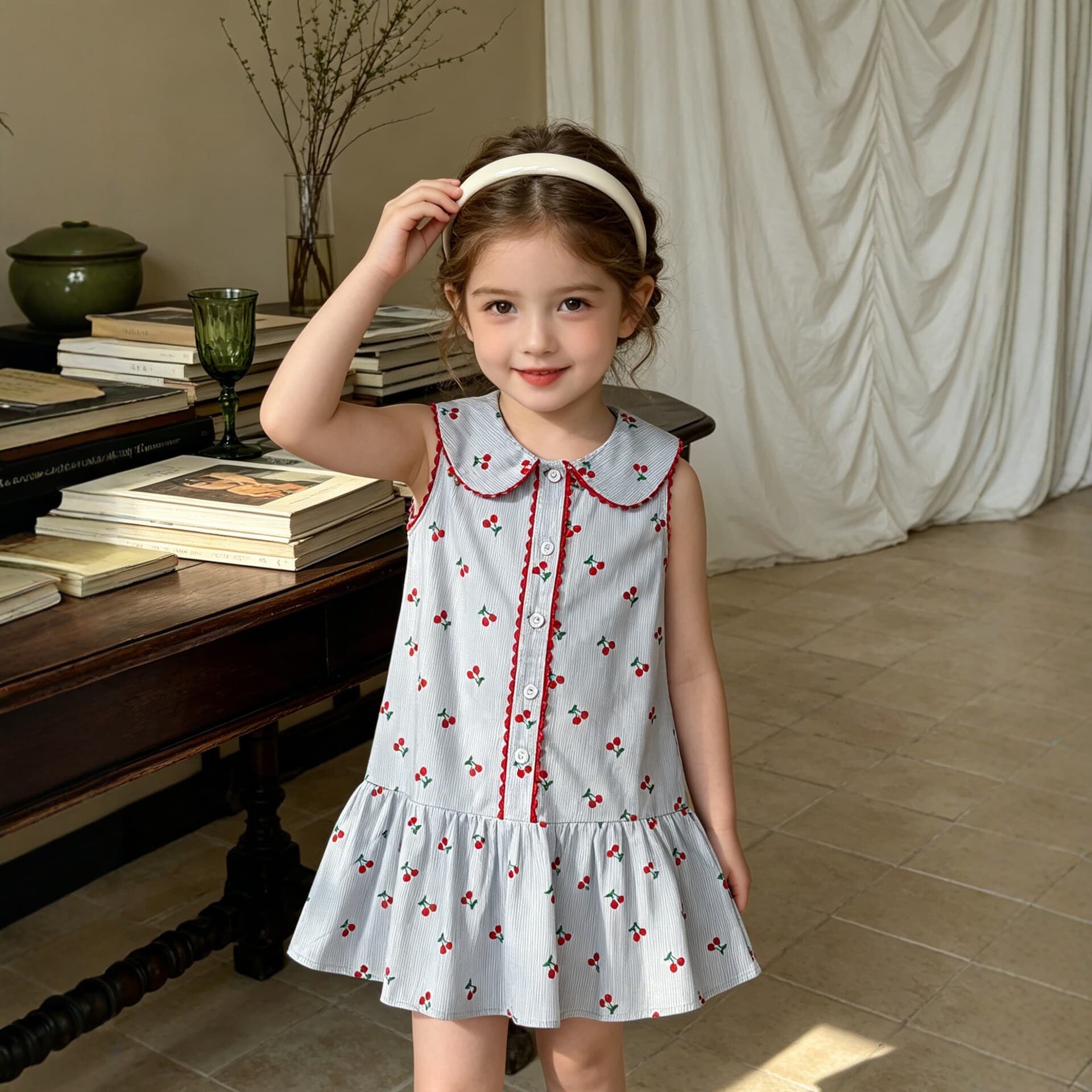 Girls' Summer Dress 2026 New Style Children's Cherry Print Doll Collar Sleeveless Princess Dress Sweet Baby Summer Wear
