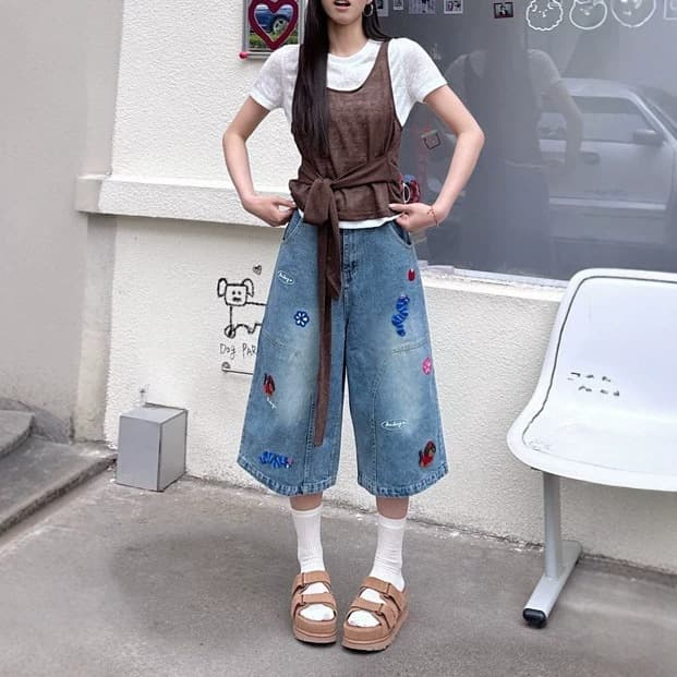 2026 Summer New BF Lazy Style Embroidered Straight Leg Slimming Plus Size Thin 3/4 Length Denim Capri Pants High Waist Wide Leg