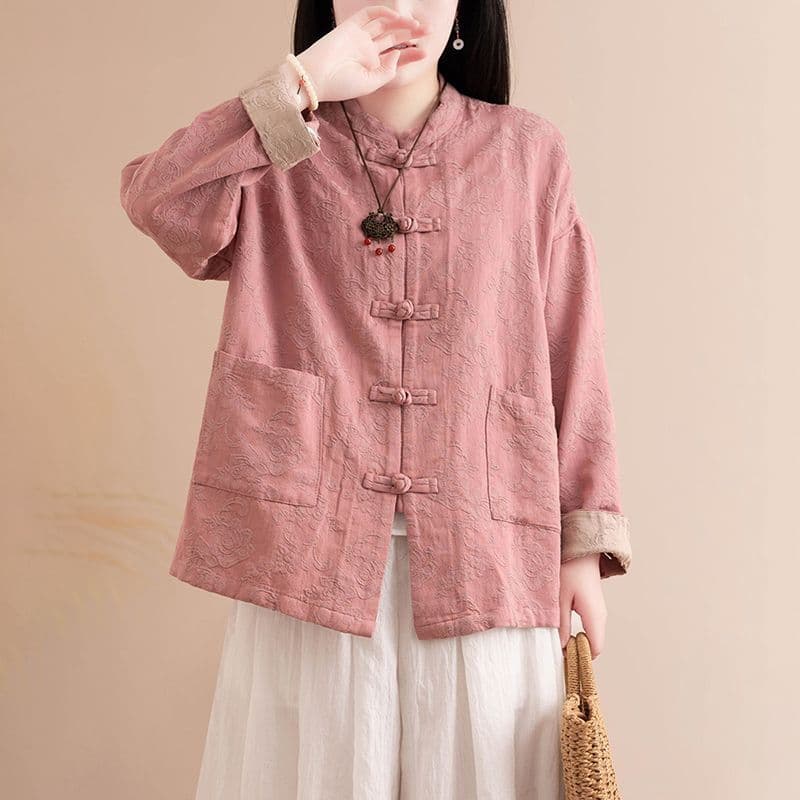 Vintage Linen Frog Button Shirt Jacket Women Spring/Autumn New Chinese-style National Floral Jacquard Improved Tang Suit Linen Cardigan Top