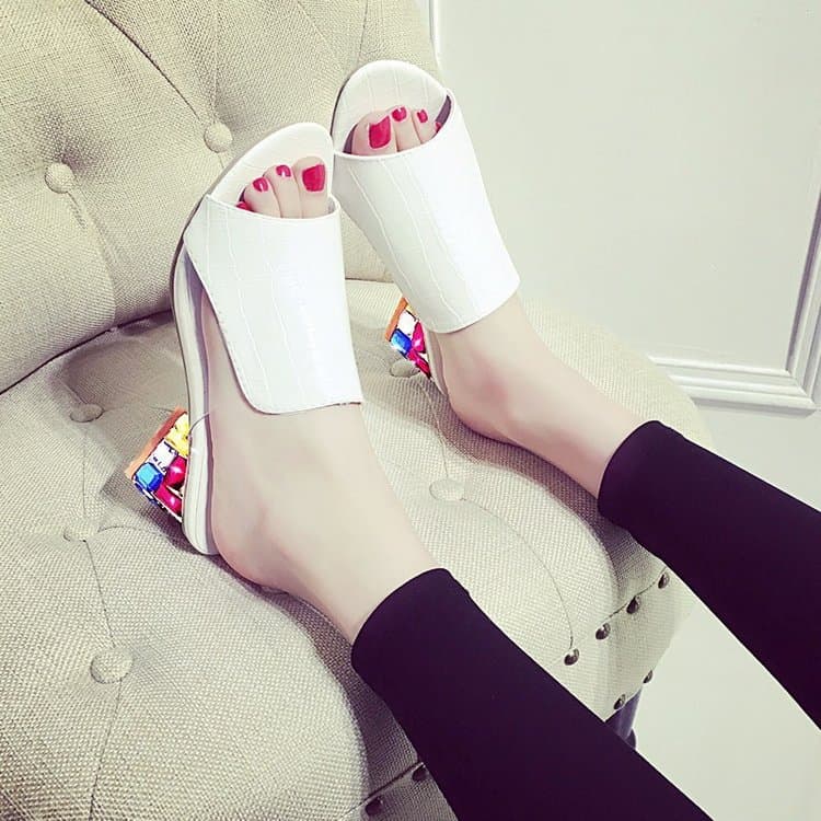 Cross-border Crystal Women's High Heels Peep Toe Mid Heel Platform Rhinestone Plus Size Women's Chunky Heel Sandals Slippers Hollow Out