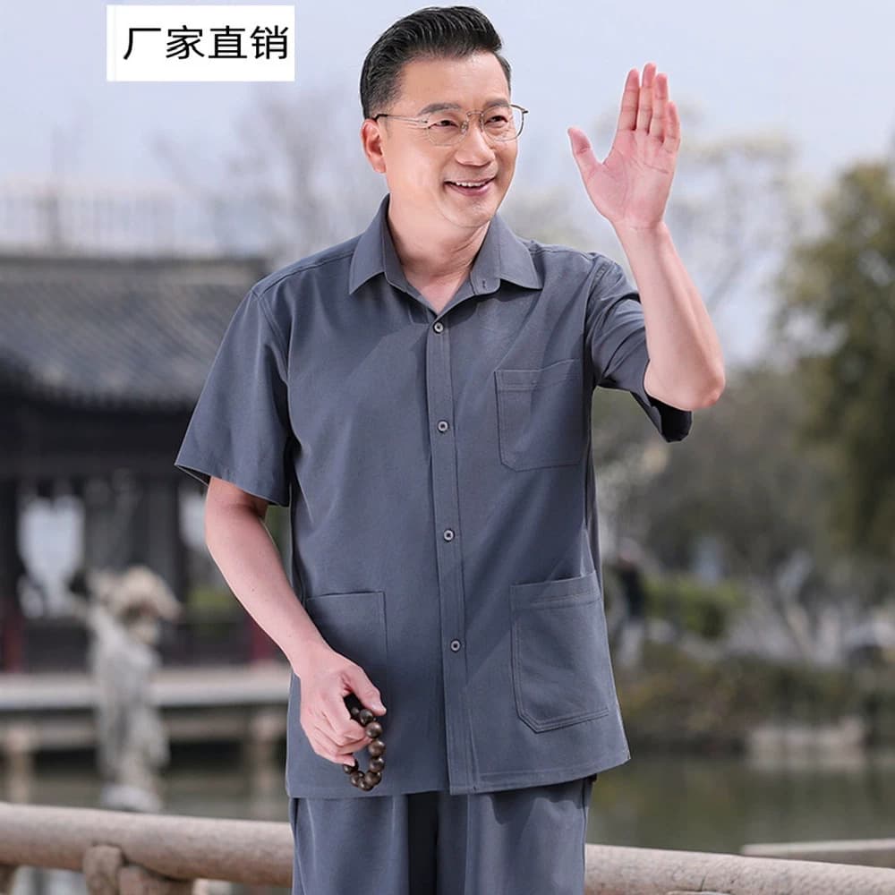 Tang Suit for Middle-Aged and Elderly Dad Summer Ice Silk Set Dad Summer Shirt 60 70 Year Old Grandpa Casual Clothes