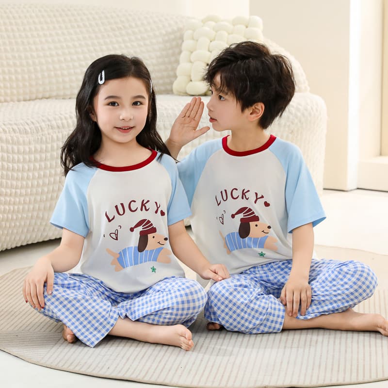 26 Summer Modal Kids Pajamas Ice Silk Boys and Girls Homewear, Students Short Sleeve Long Pants Set