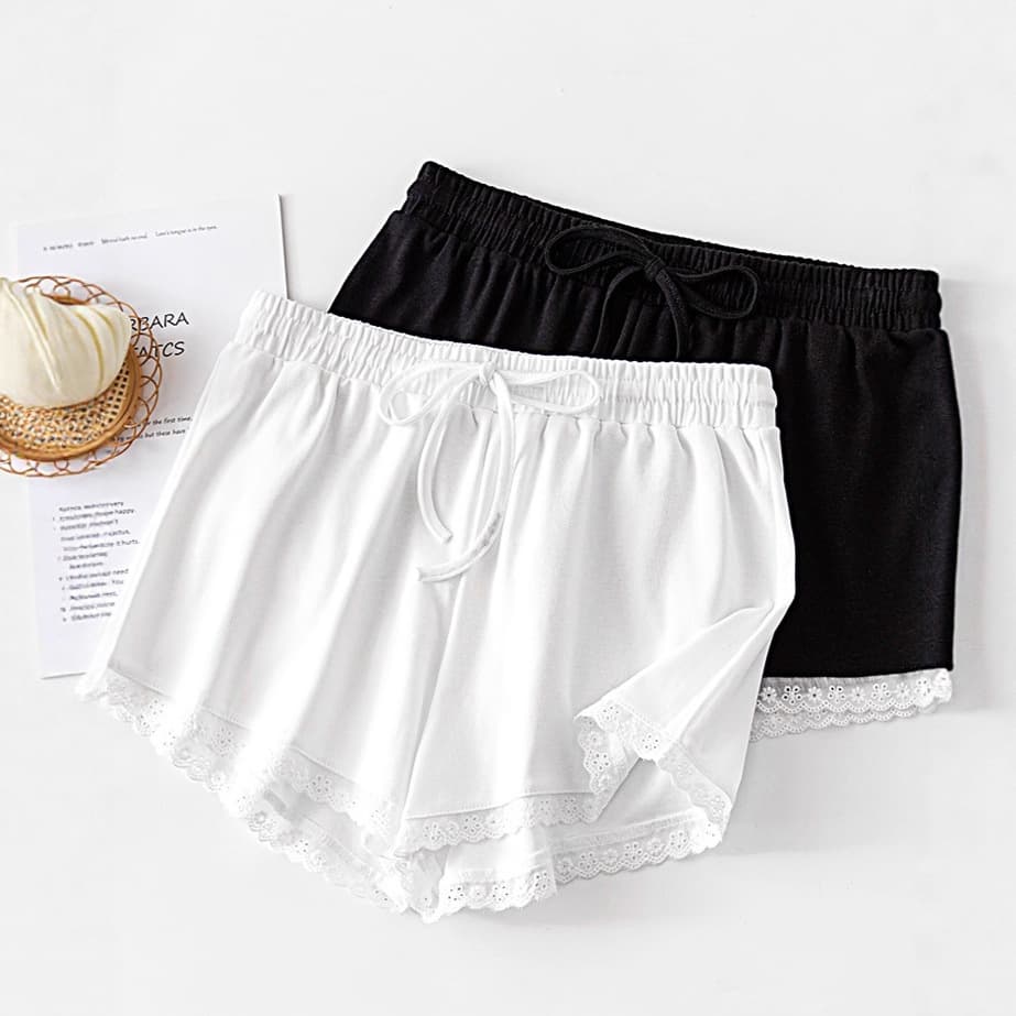 French Vintage Lace Trim Wide Leg Shorts for Women Summer Korean High Waist Loose Casual Sport Sleep Pants Trendy