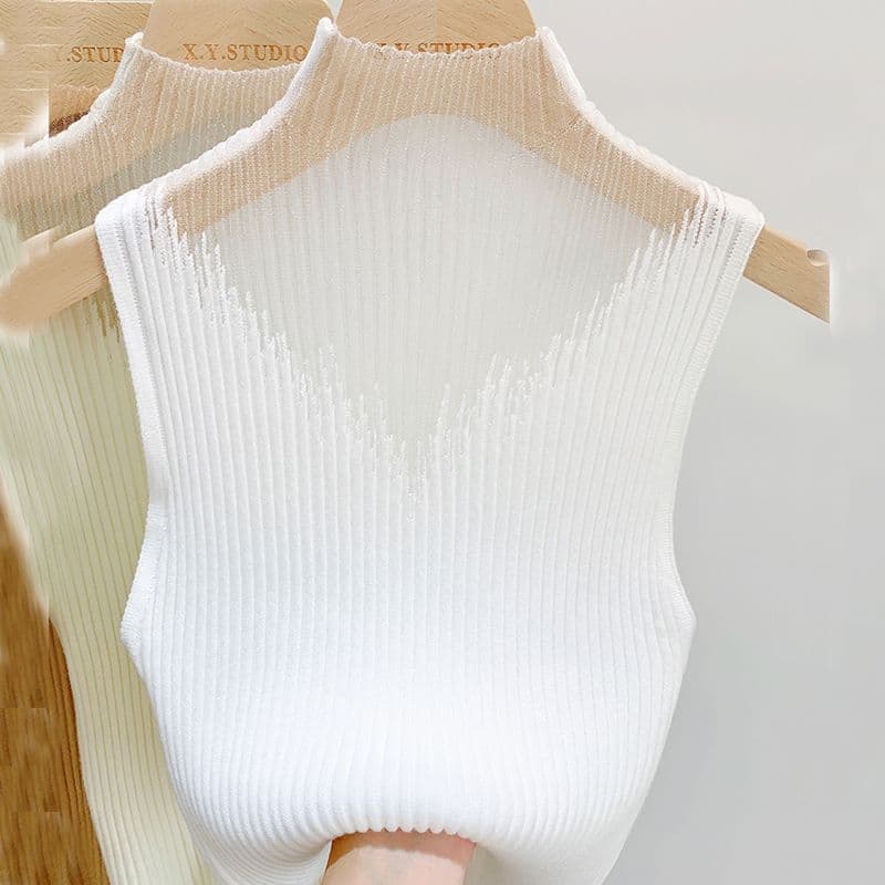 Mesh Knit Half Turtleneck Camisole Vest Women's Inner Layering Sleeveless T-Shirt Short Top Outerwear