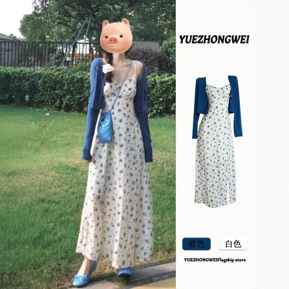 Summer clothes are paired with a complete set of fashionable street-reducing age-reducing western style sun protection cardigan floral suspender dress two-piece suit