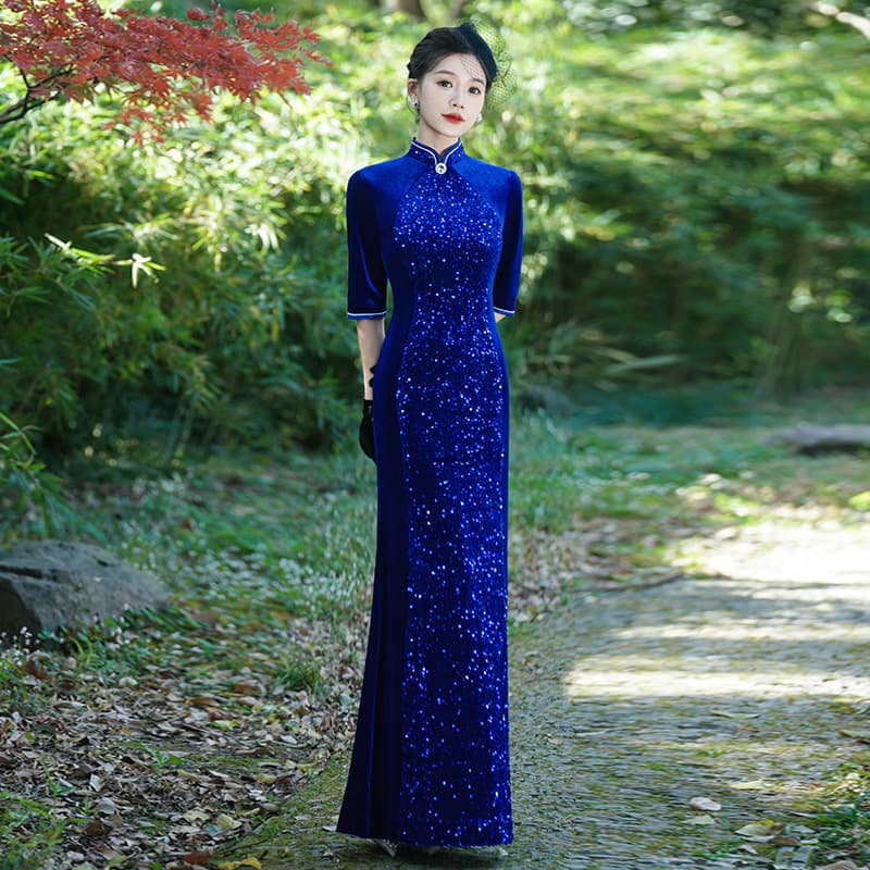 Sequin Fashion Runway Cheongsam 2026 New Retro Mother's Wedding Banquet Modified Plus Size Mermaid Tail Dress Performance Costume
