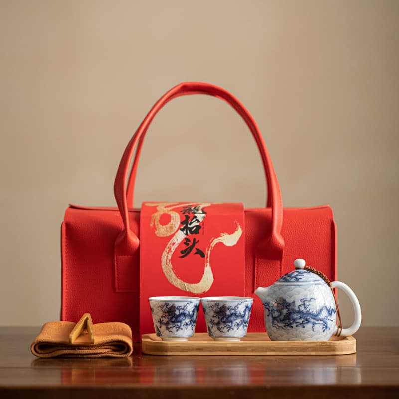 Dragon Year Gift, Gold and Silver Inlaid Tea Pot with One Pot Two Cups, High-end Ceramic Gongfu Tea Set, Home Tea Tray Gift Box