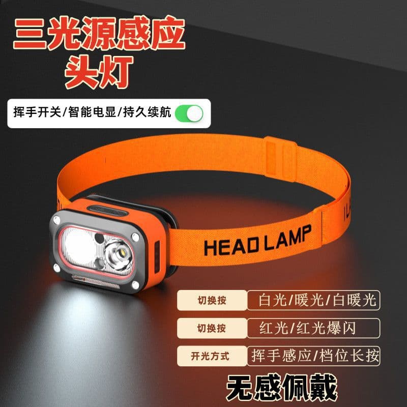New Cross-Border Three-Source Brightness Induction Headlamp, USB Rechargeable, Outdoor Night Running LED Headlight