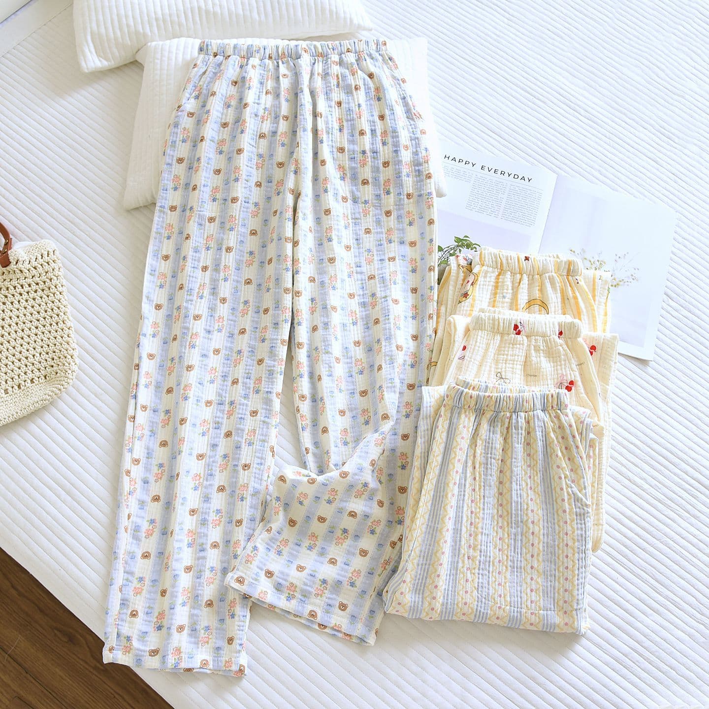Double-Layer Cotton Gauze Sleep Pants for Women, Long Pants, Summer Thin Style, Printed Quick-Dry Walking Pants, Full Cotton Crepe Straight Leg Home Pants