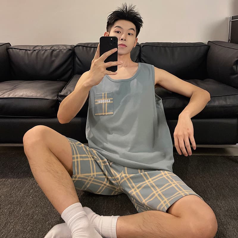 Men's Summer Loungewear Vest and Shorts Pajamas, Sporty Casual Style, Stretch Cotton-Like Comfortable Breathable Sleepwear