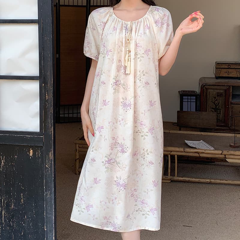 Summer Loose French Floral Cotton Silk Nightgown Women Gentle Mid-Length Sweet Homewear Dress Pajamas