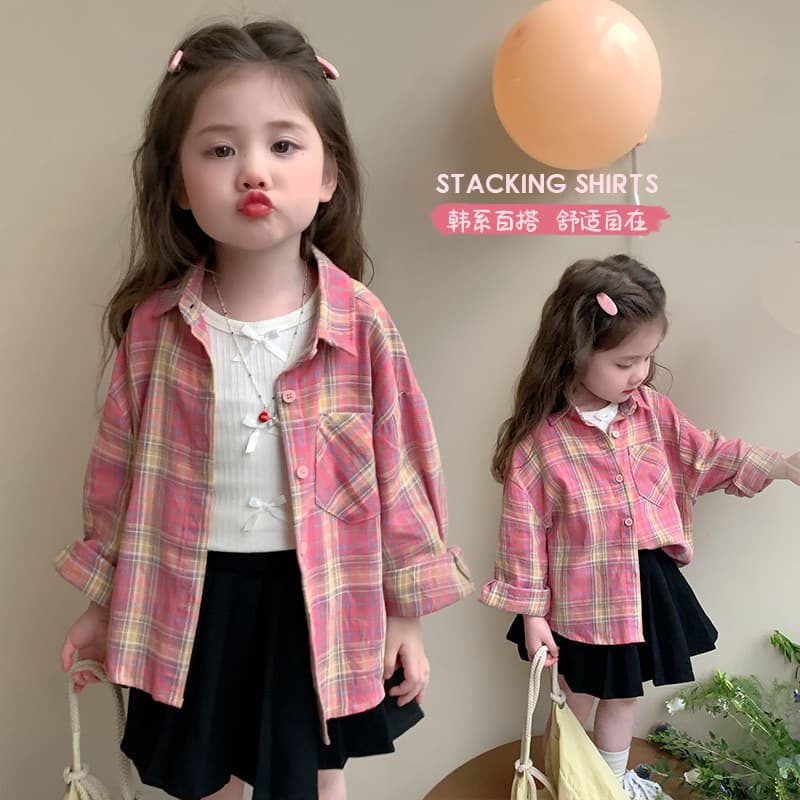 Girls' Pink and Yellow Plaid Shirt, Spring and Autumn Style, Children's Fashion, Little Girl's Casual Top, Children's Shirt, Spring Wear