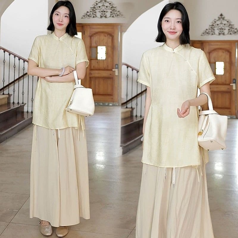 Summer New Plus Size Plump New Chinese Zen Yi Style Loose Slim Two-Piece Set Yellow Set Green Set