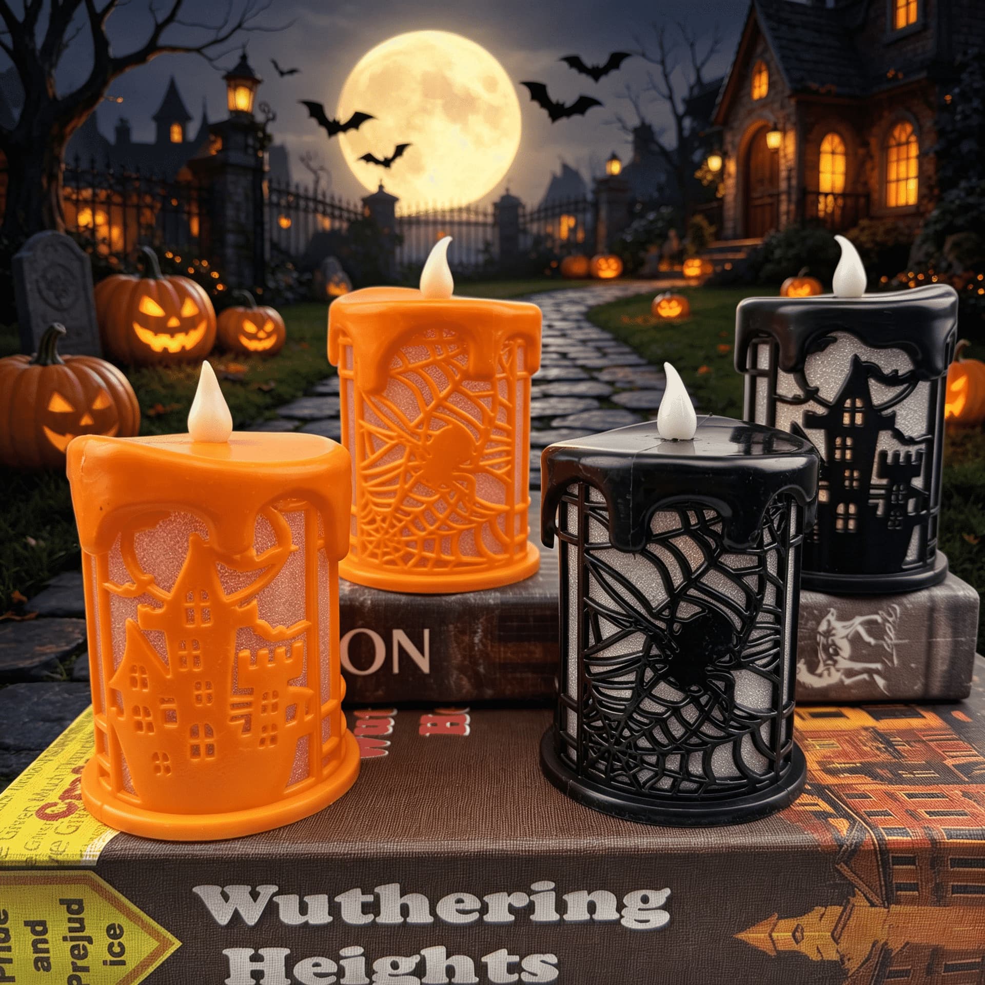 Cross-border wholesale Halloween Spider Web Castle Candle Lamp LED Electronic Luminous Candlestick Decoration Ornament Props