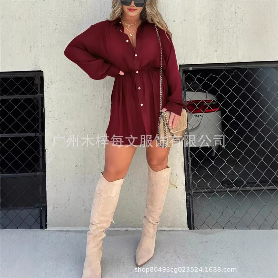 2025 Amazon US/EU Cross-Border Summer New Arrival Women's Fashion Solid Color Waist-Tie Shirred Blouse