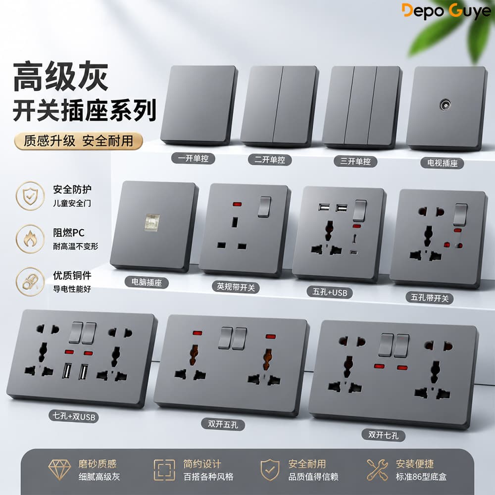 Matte Gray One-Gang Multi-Function 3-Outlet Socket with USB Type-C Fast Charging 20W Socket, One-Switch 13A for Hong Kong and Macau