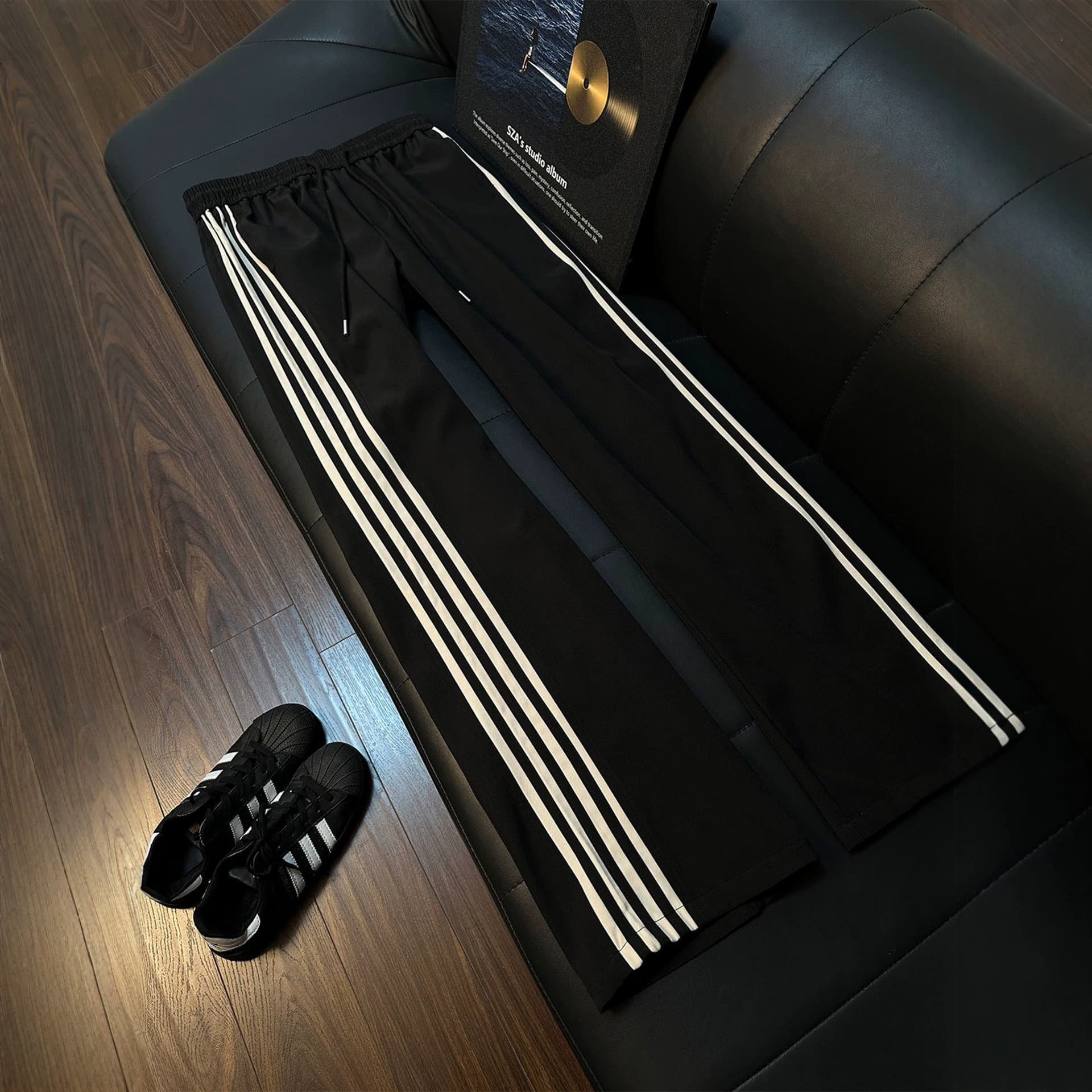 American Style Black Four-Stripe Pants for Men and Women, Summer Thin College Striped Sweatpants, Straight Loose Wide-Leg Pants
