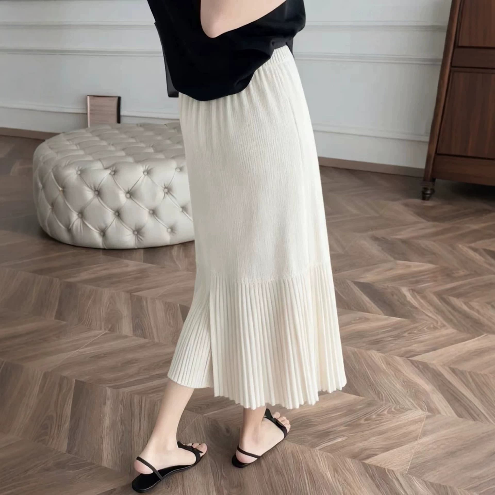 Simple Casual Fashion High-Waist Slimming 2026 Summer New White Mid-Length Pleated Skirt for Women