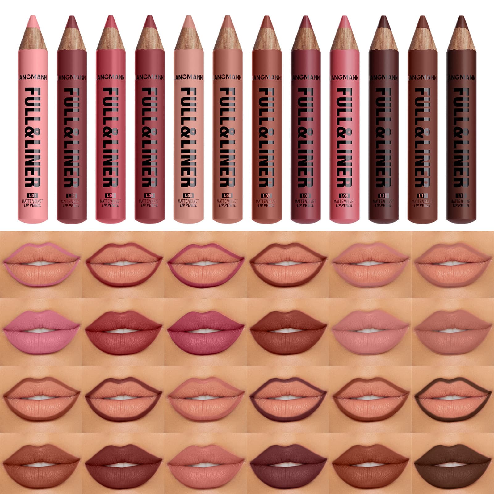 LANGMANNI 12-Color Lip Liner Pencil Wooden Sharpenable Lip Liner