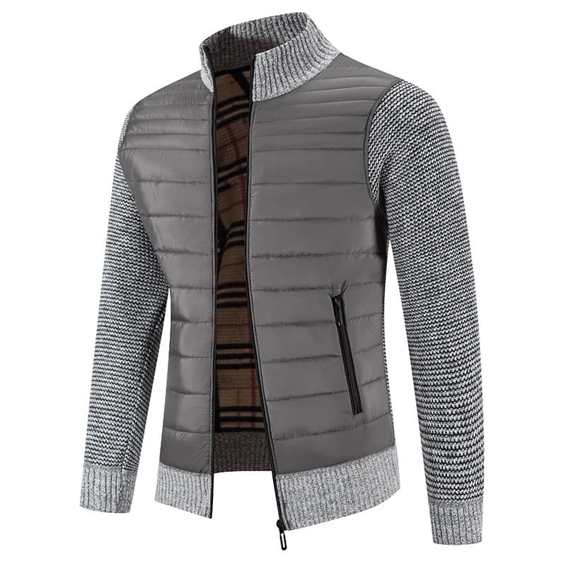 Cross-border autumn and winter men's stand-up collar plus velvet thickened cardigan sweater for men's outer wear large size color matching warm sweater jacket