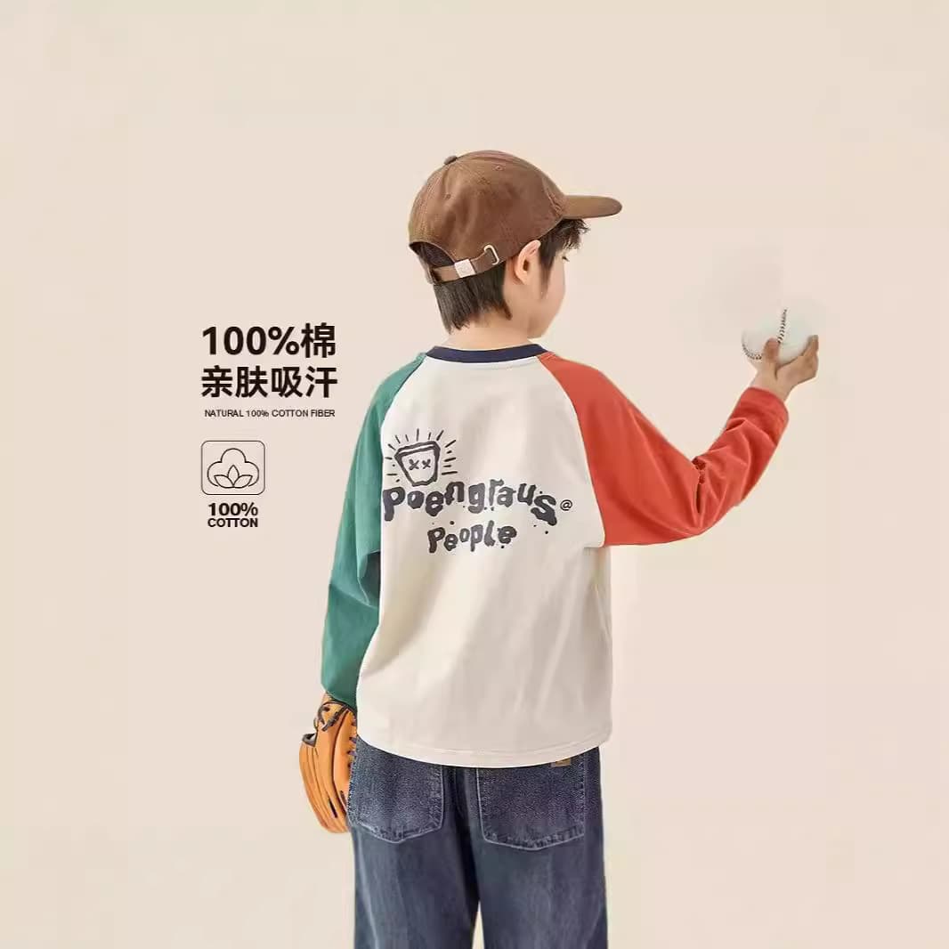 Children's Pure Cotton T-shirts Spring Autumn Boys Raglan Long Sleeve Casual Big Kids Hooded Top 100% Cotton