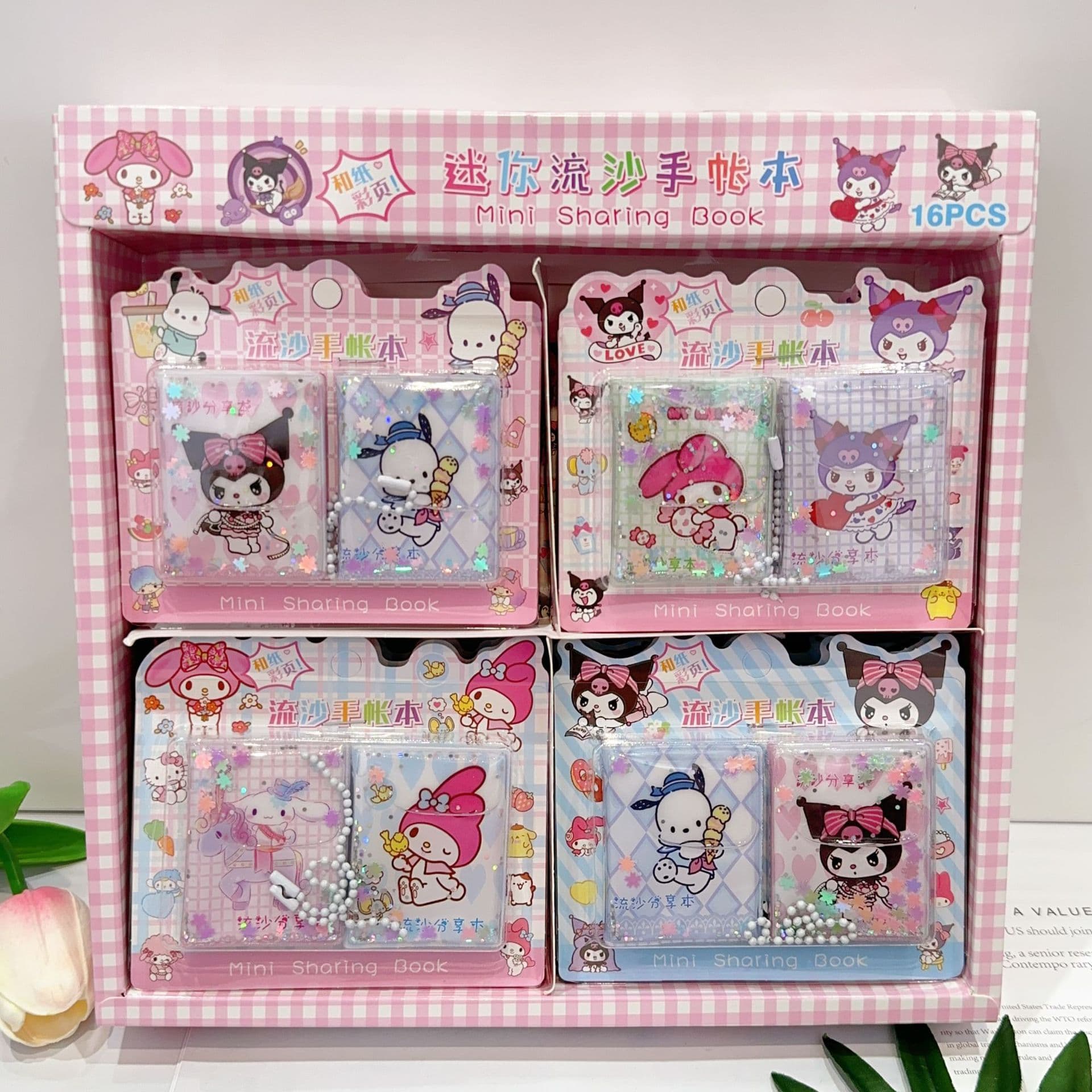 New Sanrio Mini Sharing Notebook with Oil-Filled Flowing Sand, Pocket Sticker Notebook, Cute and Portable, Stress-Relieving
