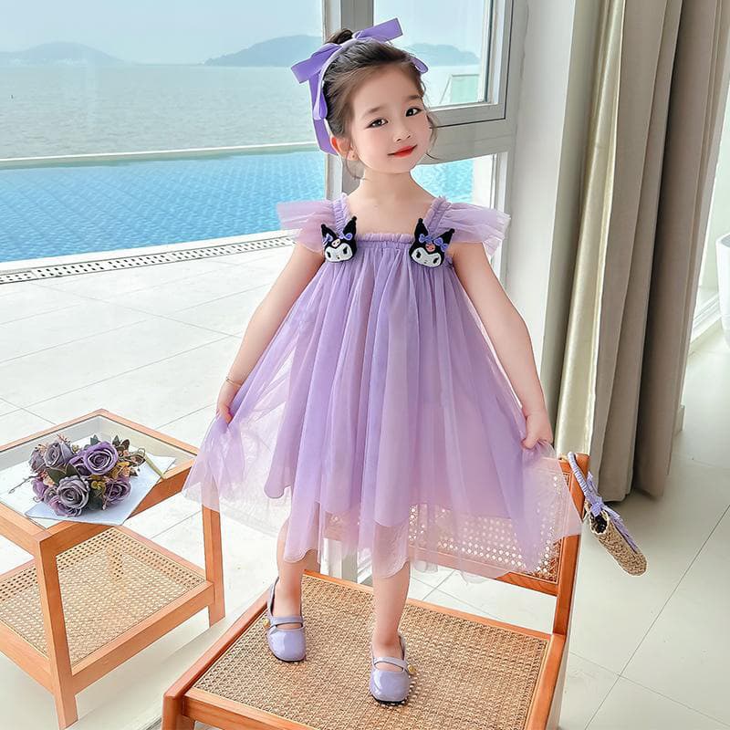 2025 New Small Flying Sleeve Girl's Mesh Skirt Dress Western Style Summer Wear Thin Strap Princess Mesh Skirt