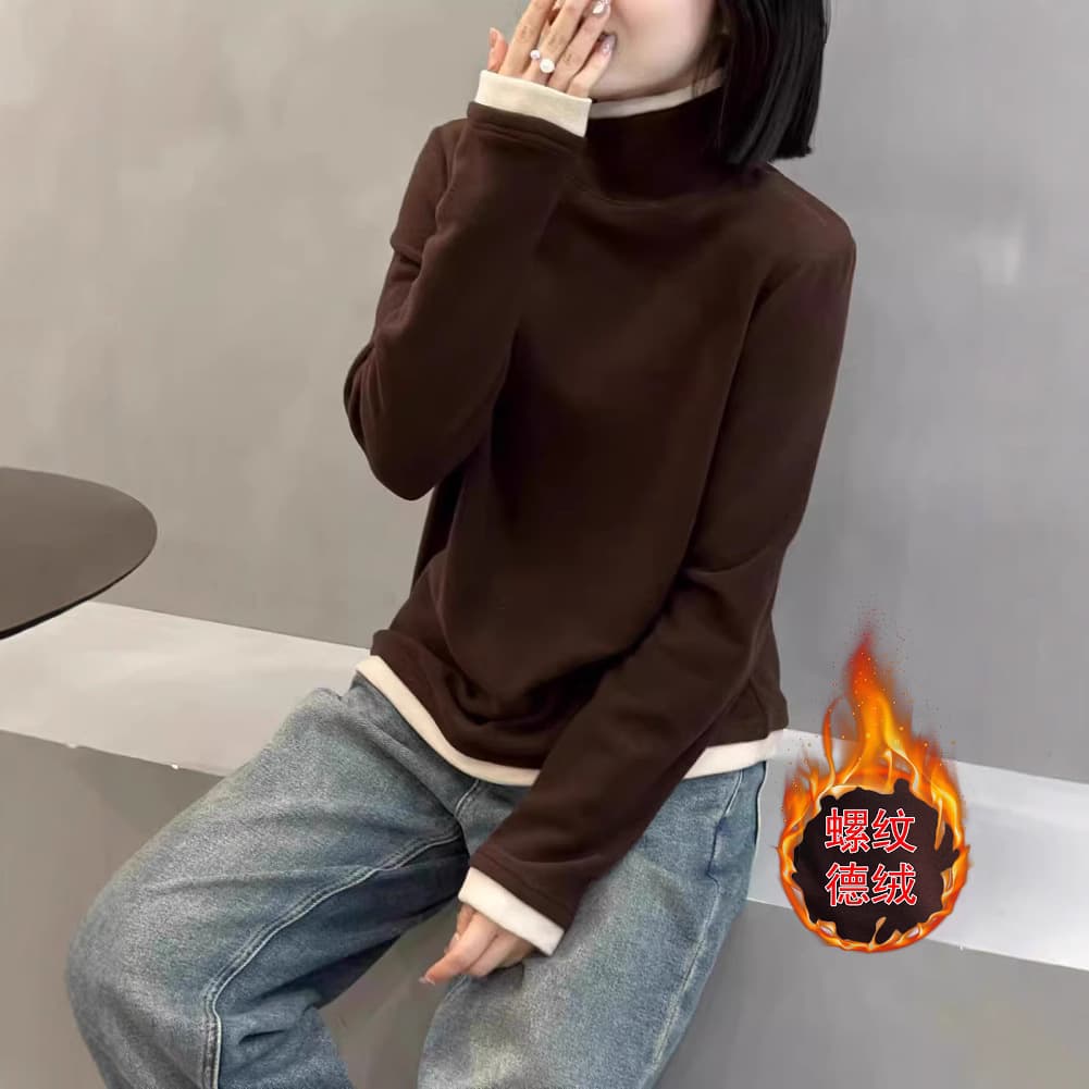 280g Ribbed German Fleece Hong Kong Style Versatile False Two-piece Base Layer Autumn/Winter New Versatile Mom Fit Long Sleeve T