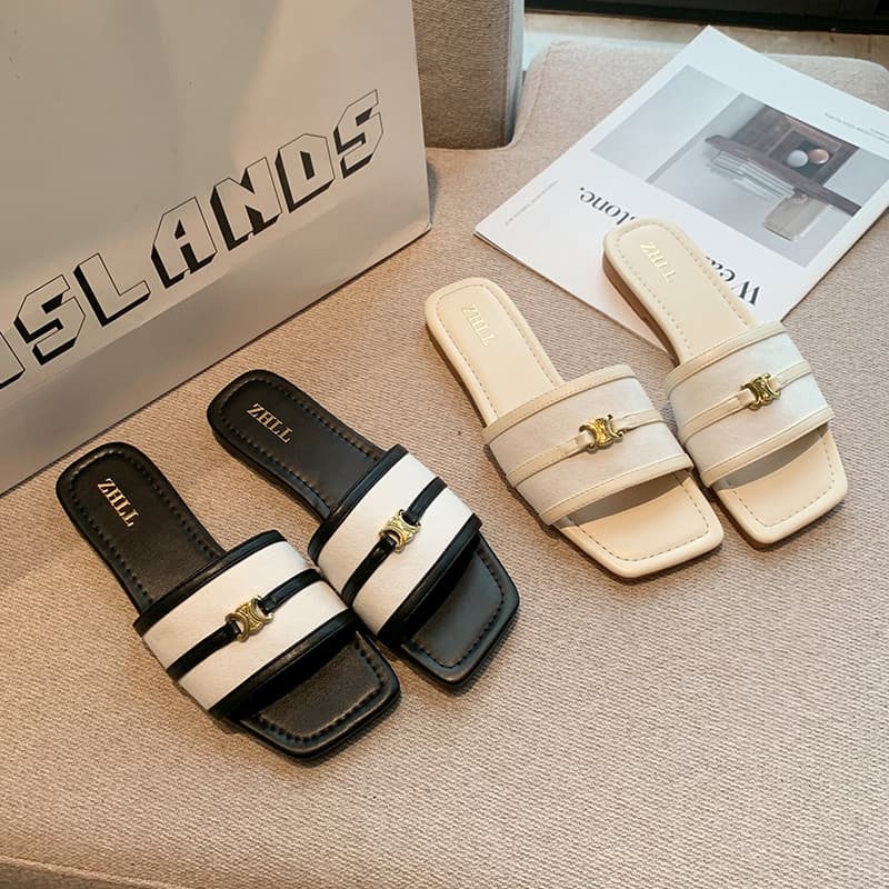261-10 Summer Little Chanel Style Flat Sandals, High-End Versatile Casual Shoes for Wide and Chunky Feet, Plus Size Women's Shoes