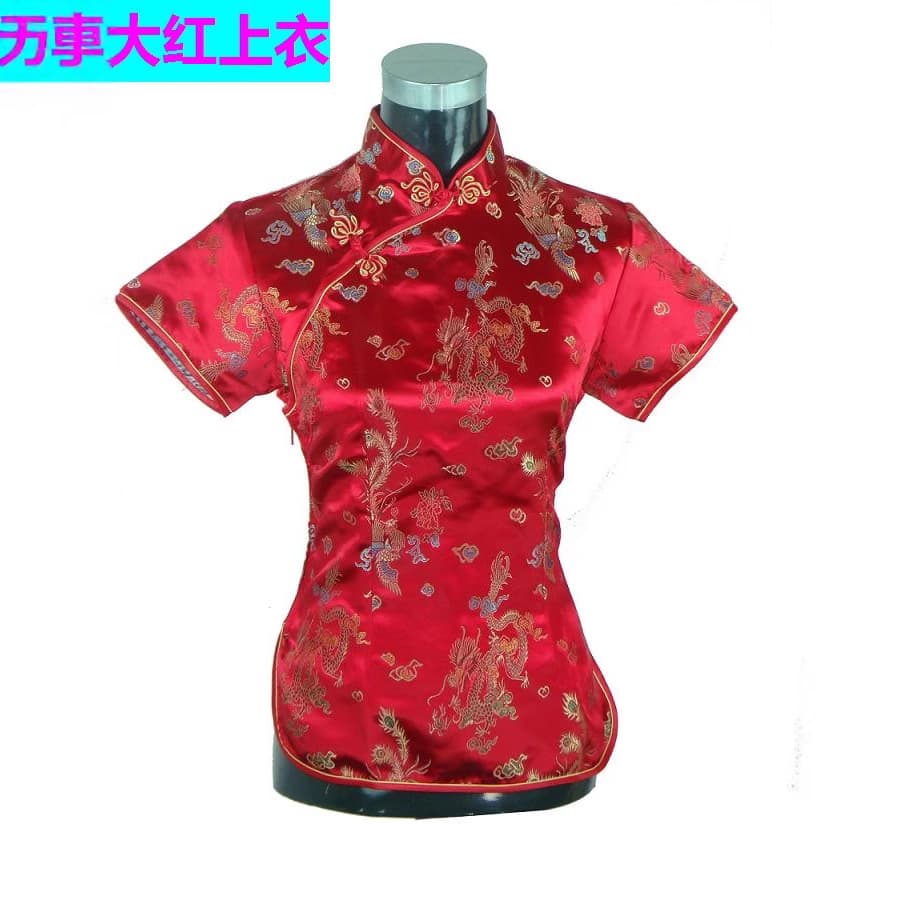 Ethnic Silks and Satins, Dragon and Phoenix Tea House, Popular Red Short-Sleeved Spring, Summer, and Autumn Tops, Retro Chinese Women's Tang Suit