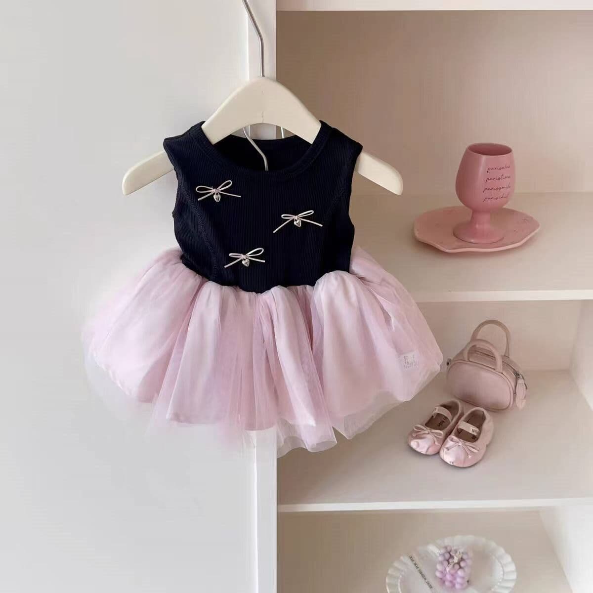 Girls' Summer New Black Pink Contrast Color Dress Romper Korean Ballet Style Bow Princess Strap Diaper Cover Dress