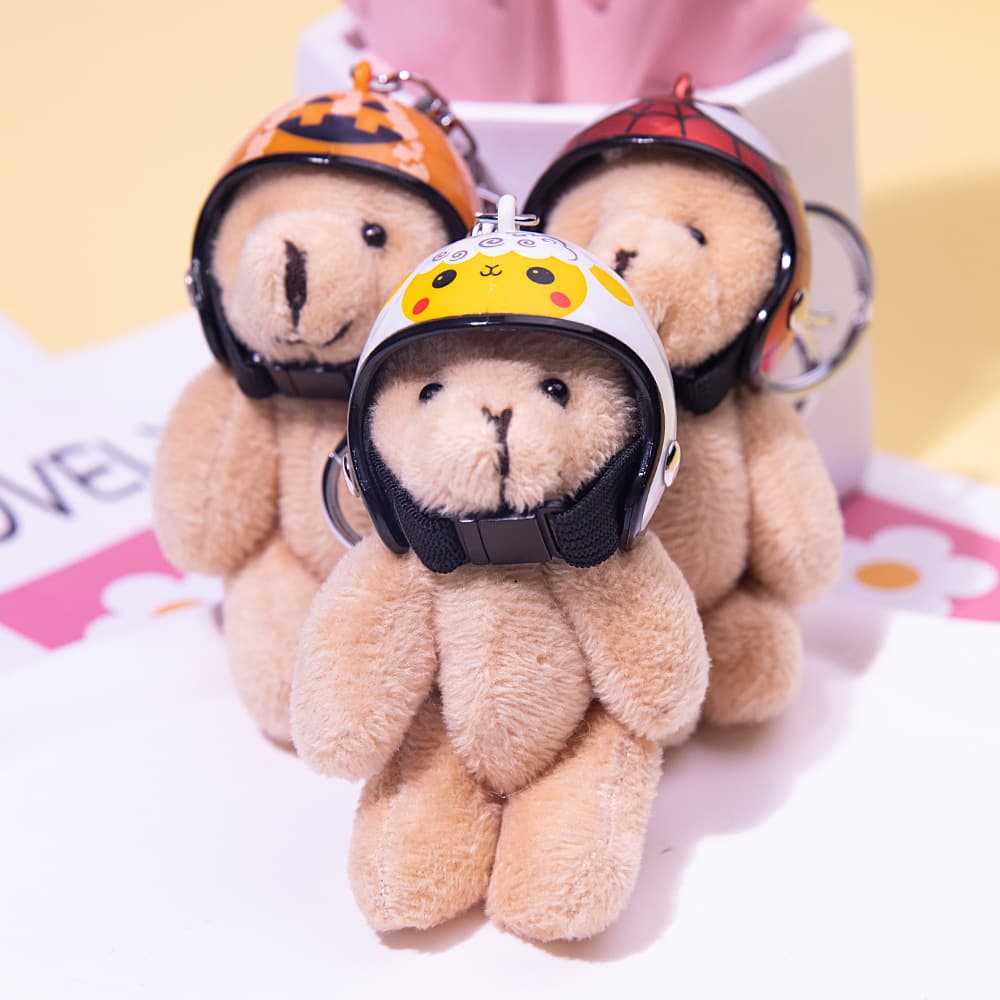 Korean ins motorcycle helmet bear keychain bag pendant cute plush doll doll accessories gift