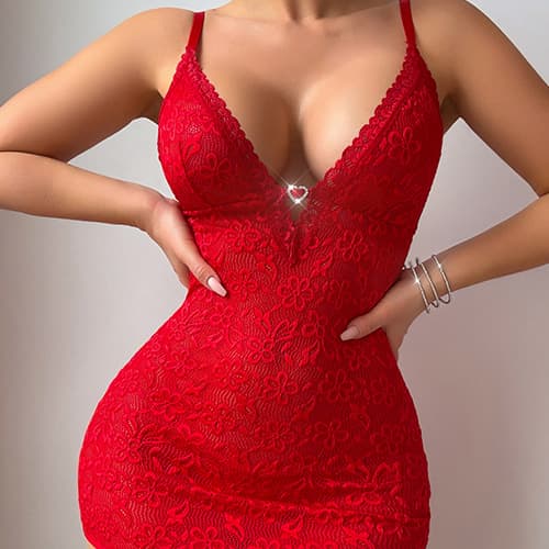 European and American Cross-Border Red Bowknot Sheer Lace Camisole V-Neck Sexy Dress Lingerie Tight Nightgown