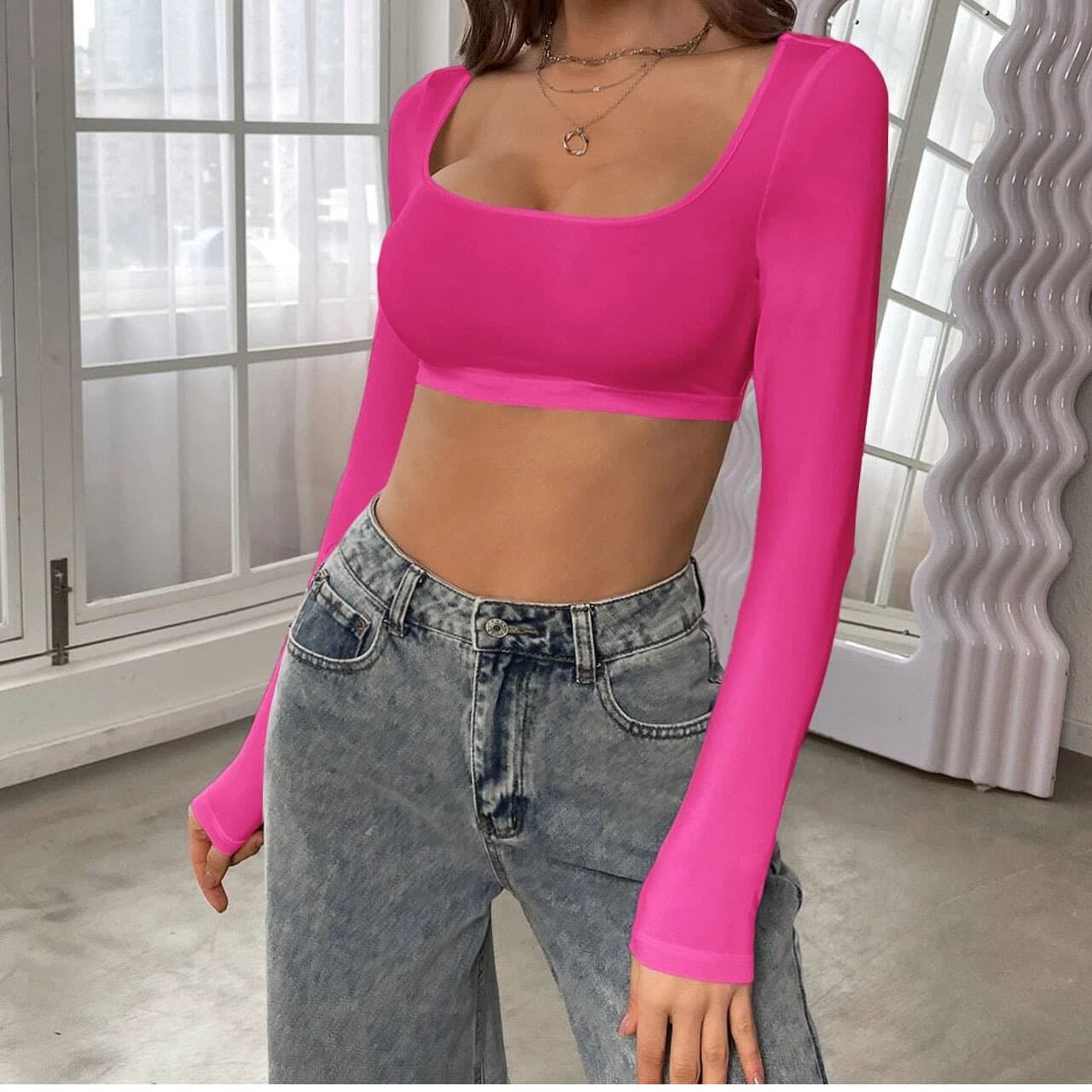 New Cross-Border European and American Women's Fashion Athletic Casual Cropped Knit High-Stretch Long-Sleeve T-Shirt Top