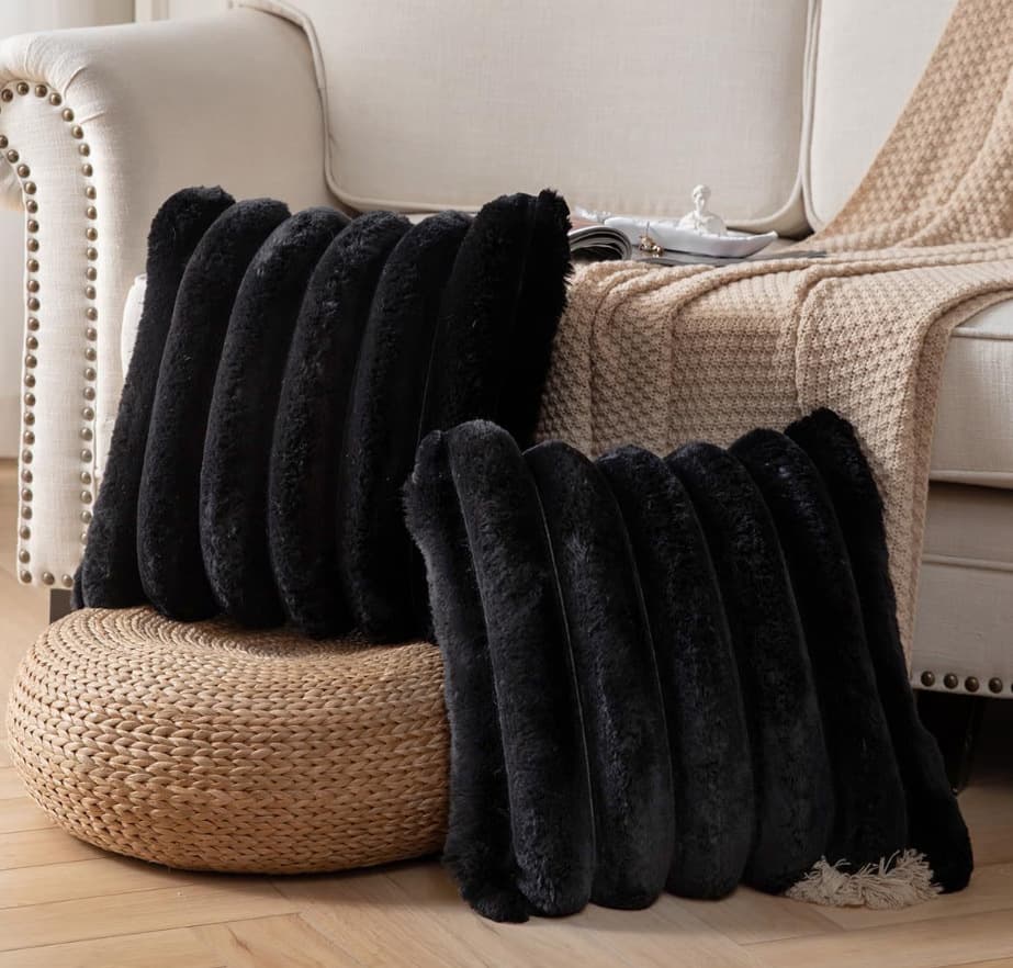 Cross-border Single-sided 7cm Rabbit Fur Large Stripe Pillow Cover Solid Color Vertical Striped Plush Home Sofa Back Cushion Bed Headrest Cushion